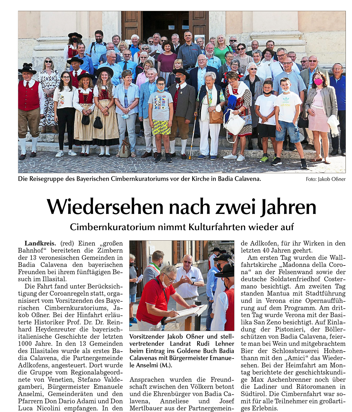 Gruppenfoto Cimbernkuratorium und Foto Eintrag ins Goldene Buch von Illasi und kurzer Reisebericht