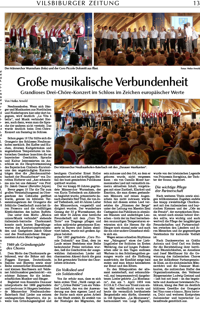 Pressebericht zum Chorkonzert im Schloss Neufraunhofen mit drei Fotos der Chöre